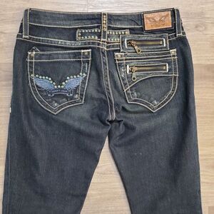 Robins Jeans Rock N Roll Womens 28 Low Rise Jeans Wings Stud Embellished Moto